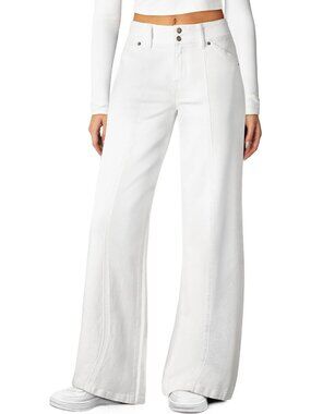 Women's White High Waisted Stretchy Jeans Seamed Front Double Buttons Wide Leg